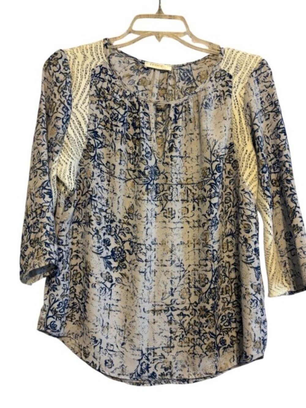 Renee C Made in USA Tan & Blue Sheer Casual Top Size Medium